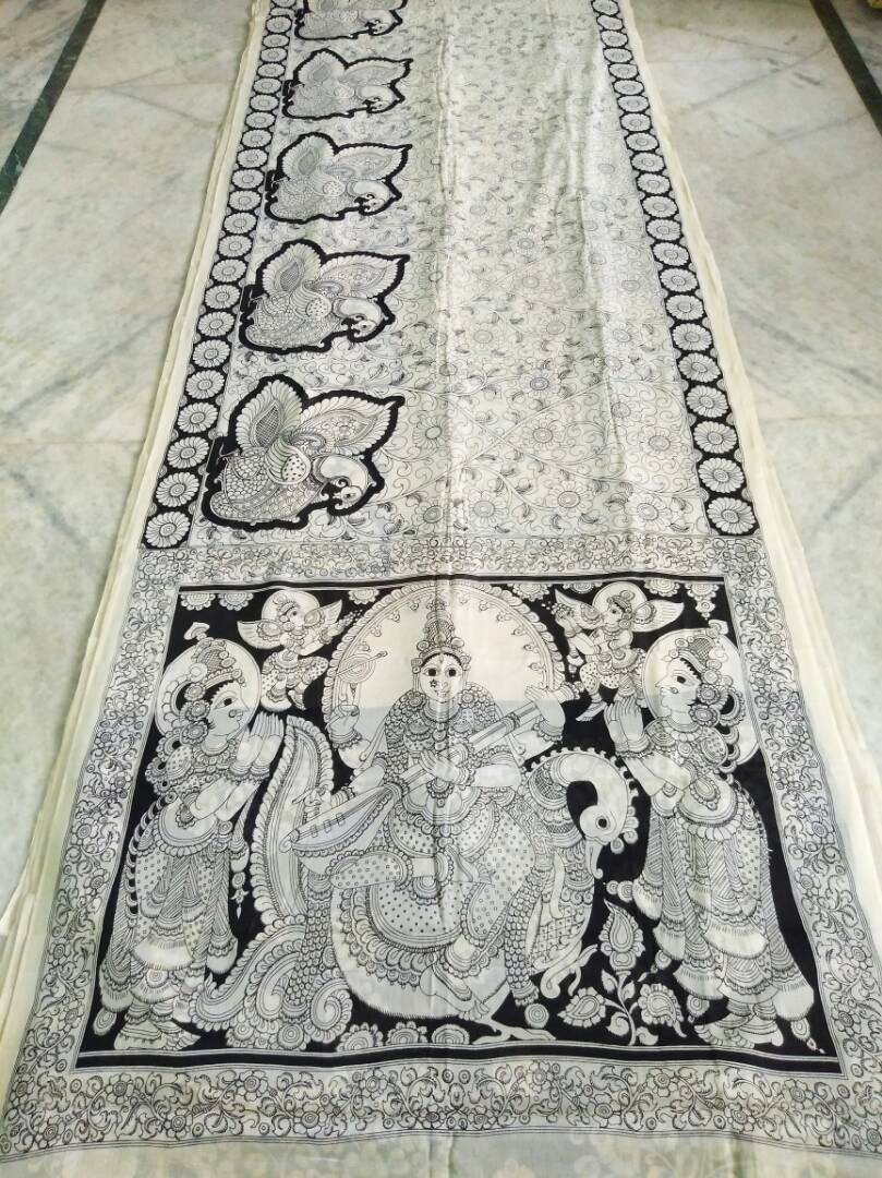 Black and White Kalamkari Printed Mal Cotton Saree-KPMCS-050