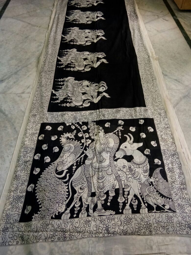 Black and White Kalamkari Printed Mal Cotton Saree-KPMCS-051