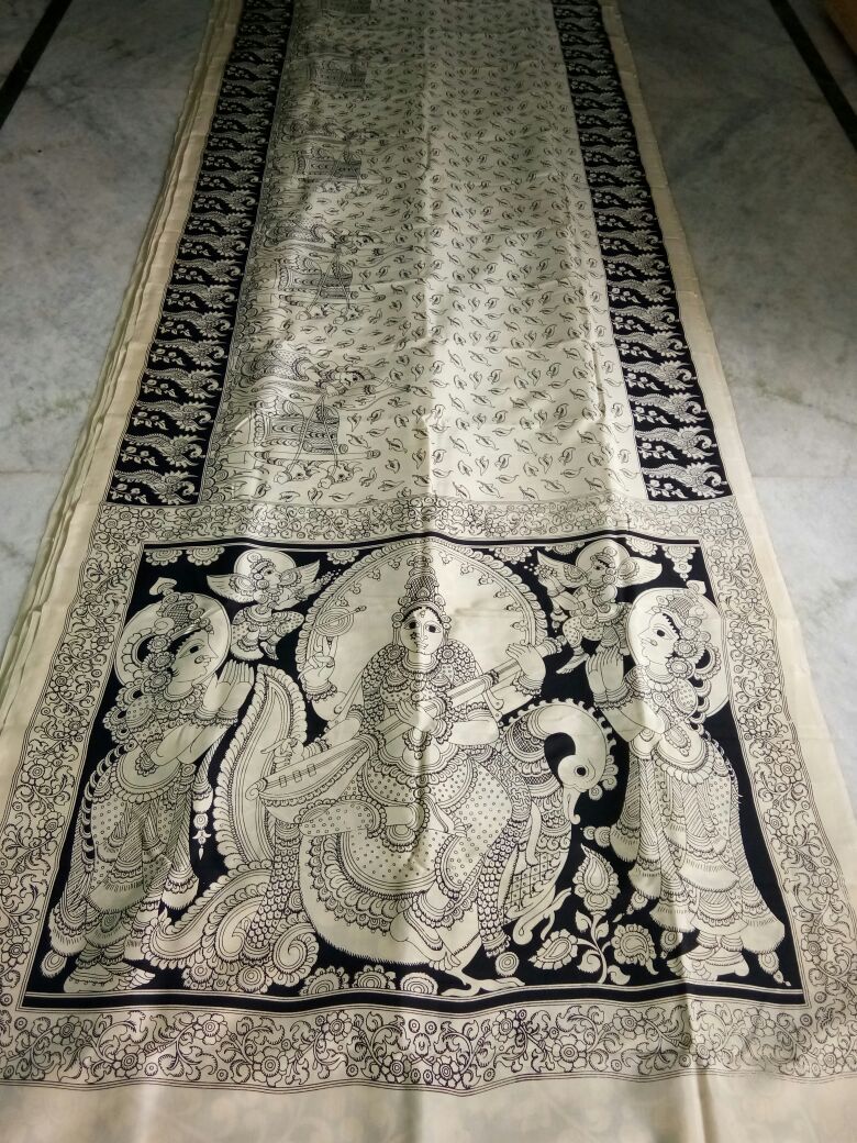 Black and White Kalamkari Printed Mal Cotton Saree-KPMCS-052