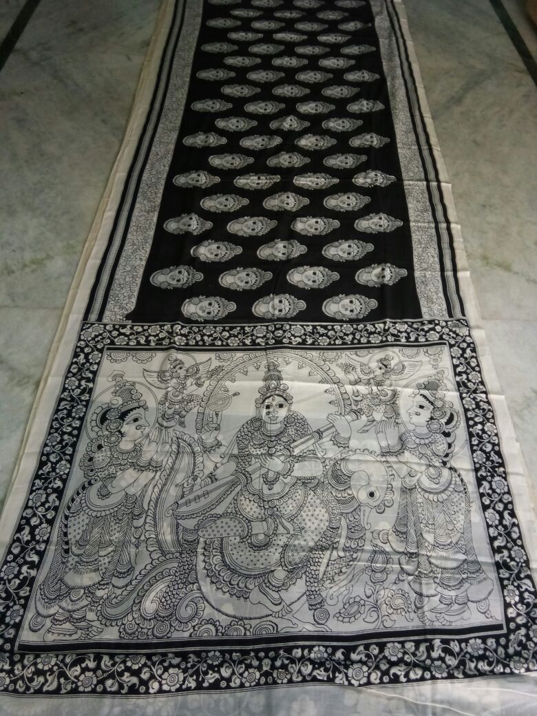 Black and White Kalamkari Printed Mal Cotton Saree-KPMCS-053