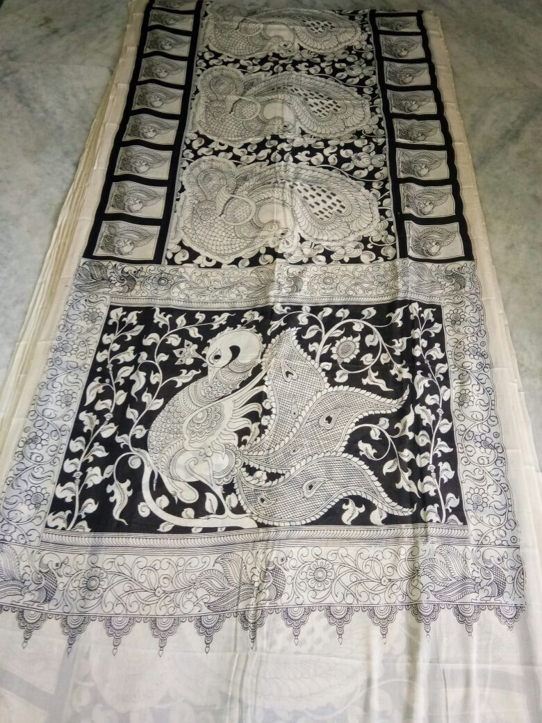 Black and White Kalamkari Printed Mal Cotton Saree-KPMCS-054