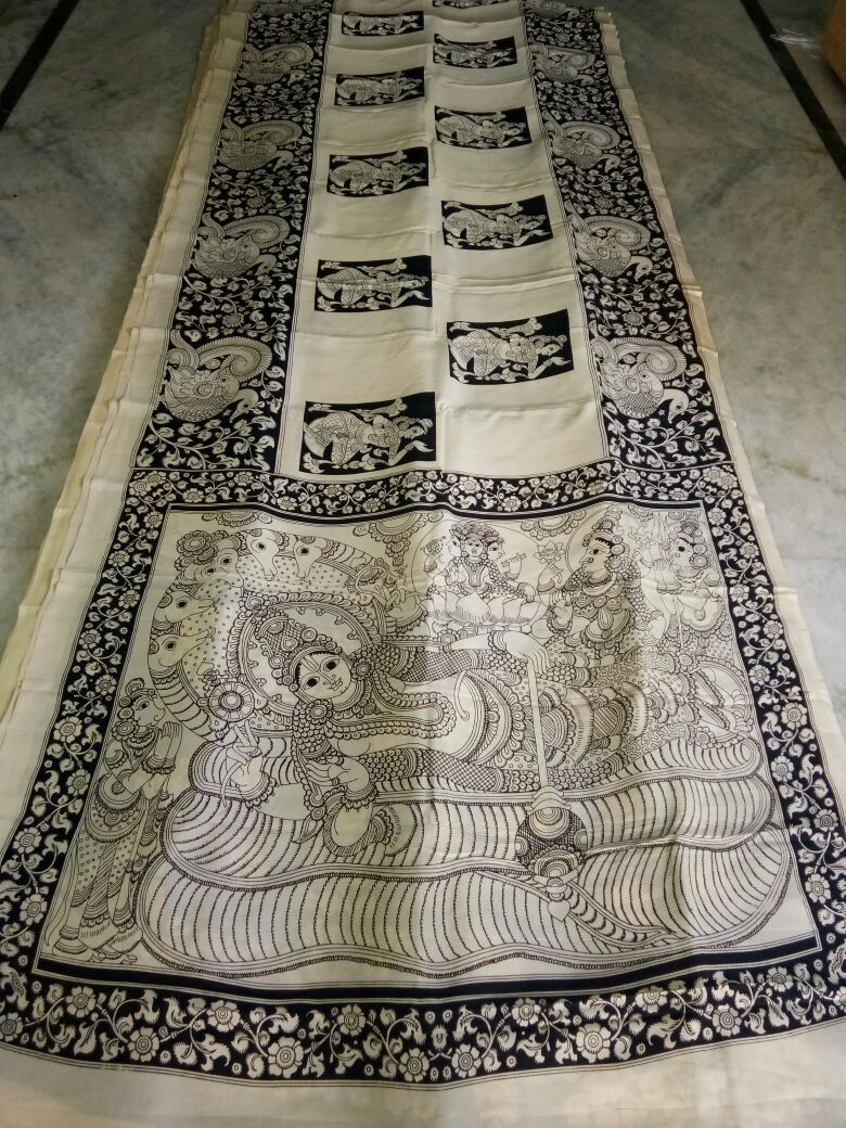 Black and White Kalamkari Printed Mal Cotton Saree-KPMCS-057