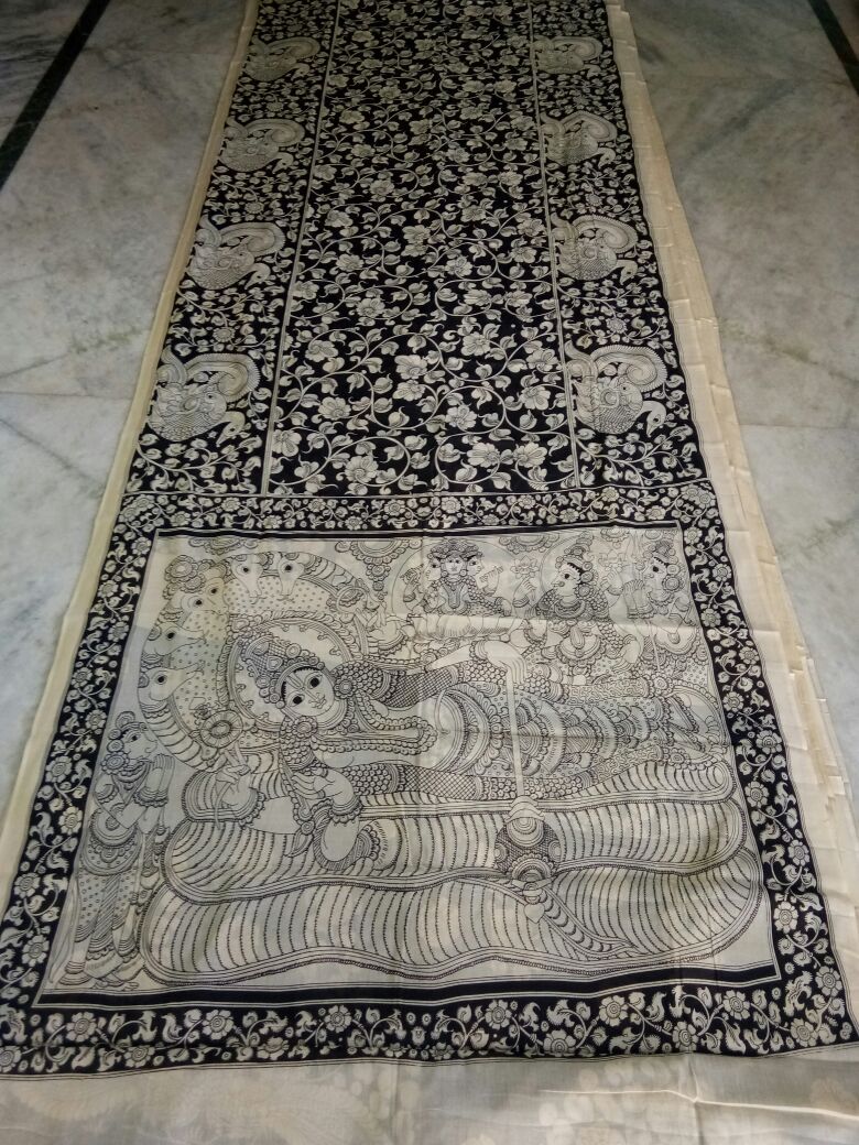 Black and White Kalamkari Printed Mal Cotton Saree-KPMCS-058