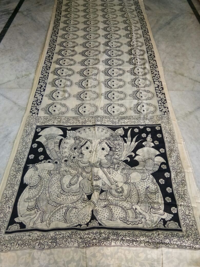 Black and White Kalamkari Printed Mal Cotton Saree-KPMCS-059