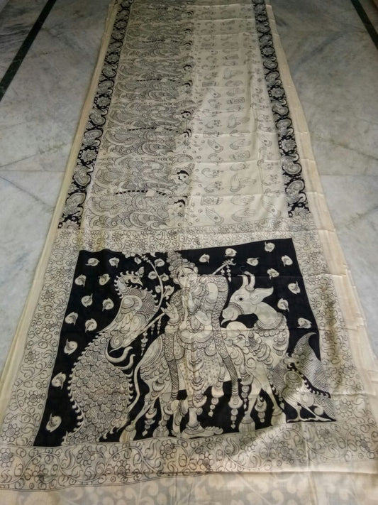 Black and White Kalamkari Printed Mal Cotton Saree-KPMCS-061
