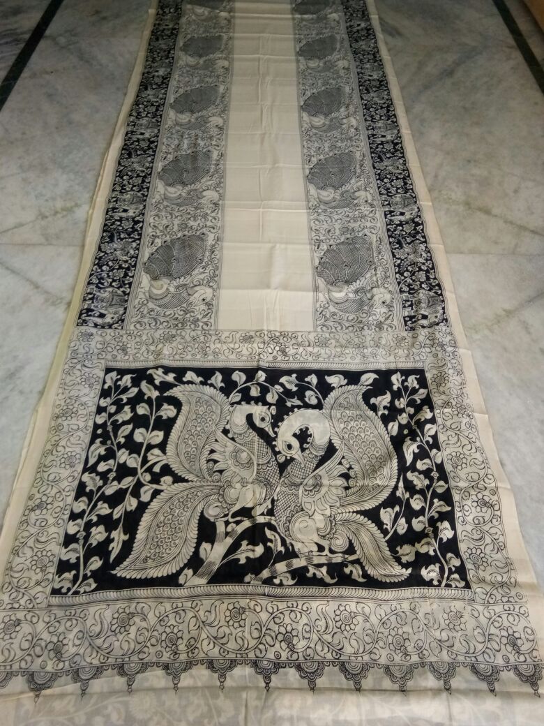 Black and White Kalamkari Printed Mal Cotton Saree-KPMCS-062