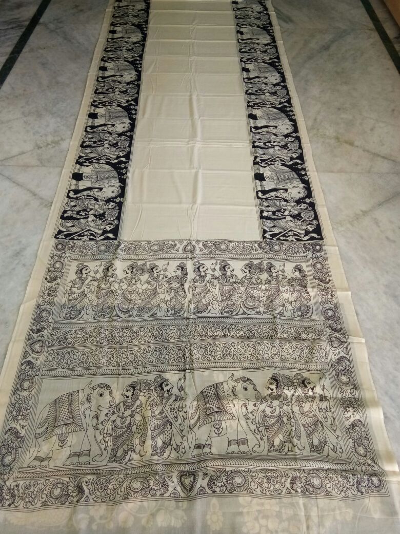 Black and White Kalamkari Printed Mal Cotton Saree-KPMCS-063