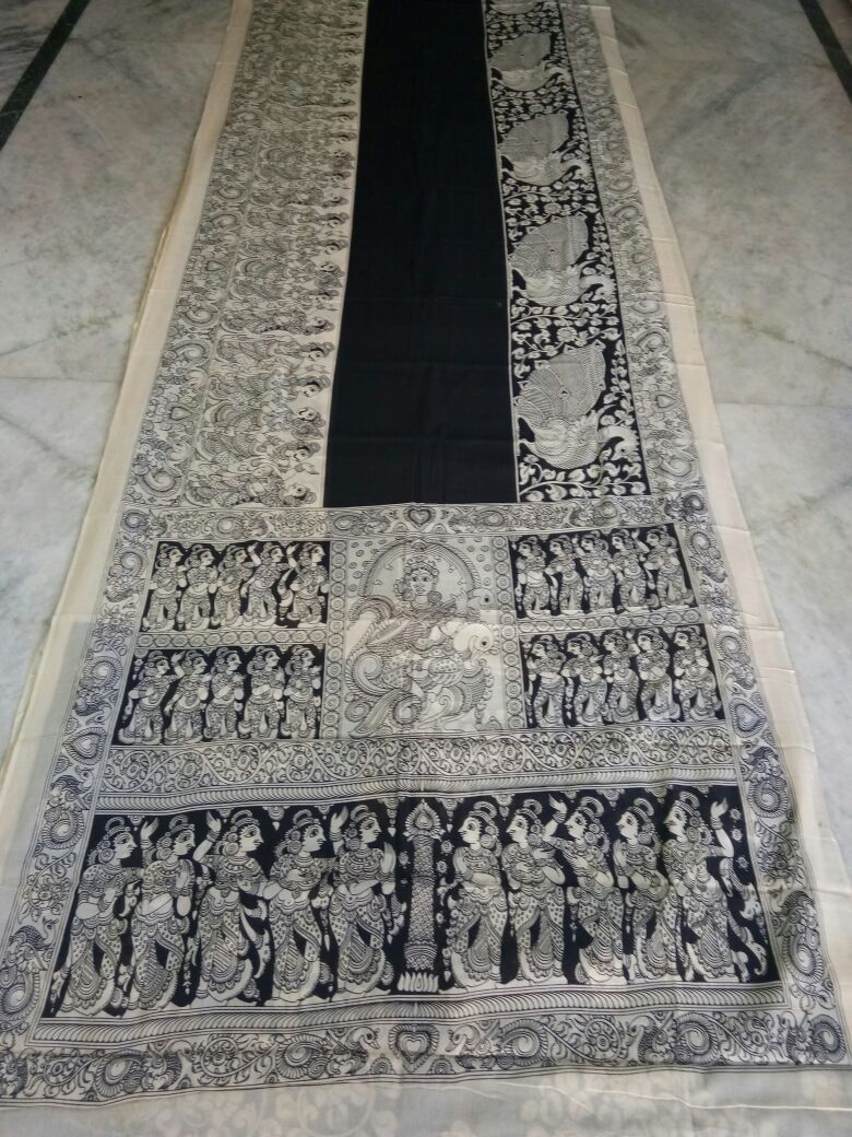 Black and White Kalamkari Printed Mal Cotton Saree-KPMCS-064