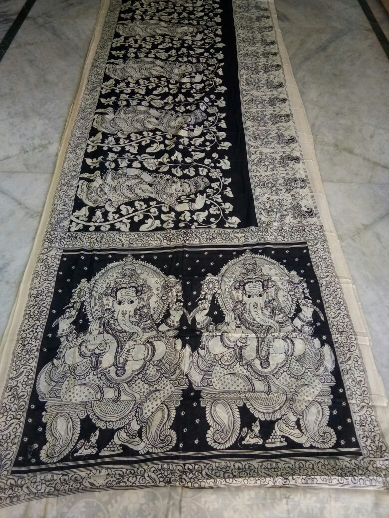 Black and White Kalamkari Printed Mal Cotton Saree-KPMCS-067