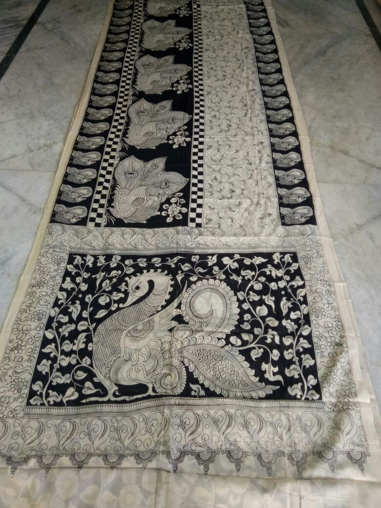 Black and White Kalamkari Printed Mal Cotton Saree-KPMCS-068