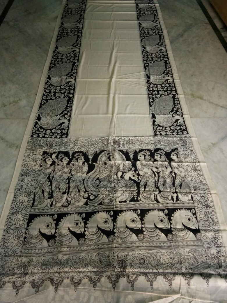 Black and White Kalamkari Printed Mal Cotton Saree-KPMCS-069