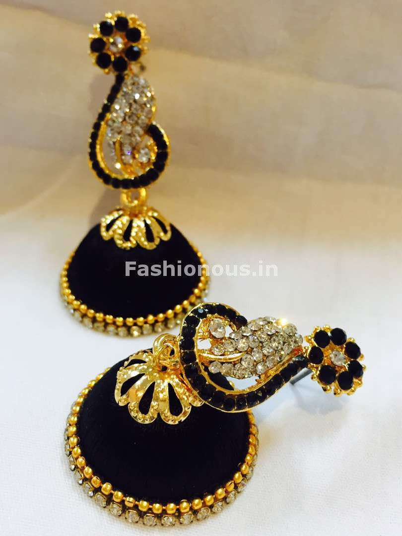 Black and White Stone Studded Peacock Neck Floral Silk Thread Jhumkas-STJH-050