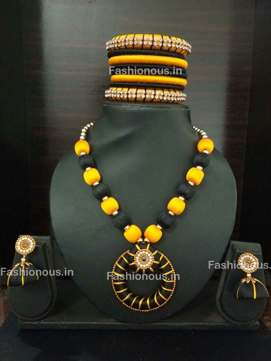 Black and Yellow Chandbali Pendant Silk Thread Jewellery Set-STJSW-100
