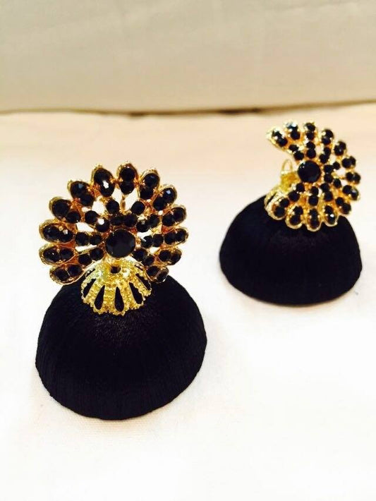 Black stone studed Silk thread jhumkas