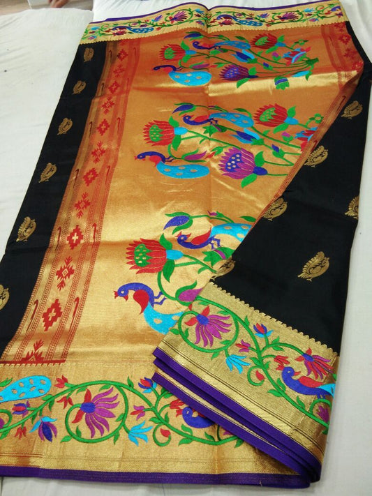 Black with Blue Border Peacock Designed Pallu Paithani Saree-PAITHANI-076