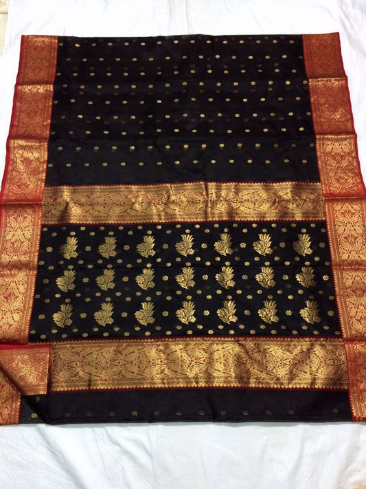 Black with Floral Designed Red Zari Border Chanderi Silk Saree-CHANSRE-087