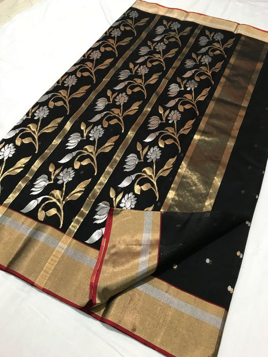 Black with Floral Designed Zari Border Chanderi Silk Saree-CHANSRE-022