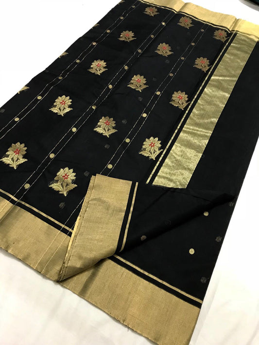 Black with Floral Designed Zari Border Chanderi Silk Saree-CHANSRE-025