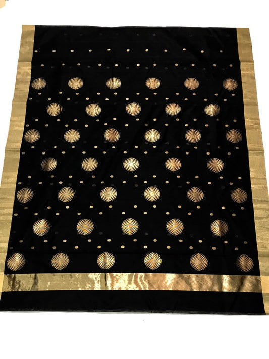 Black with Golden Dot Zari Border Chanderi Silk Saree-CHANSRE-008
