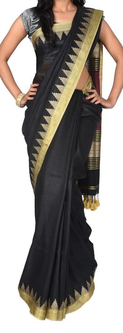 Black with Golden Gopuram Border Linen Saree-LNSRE-049