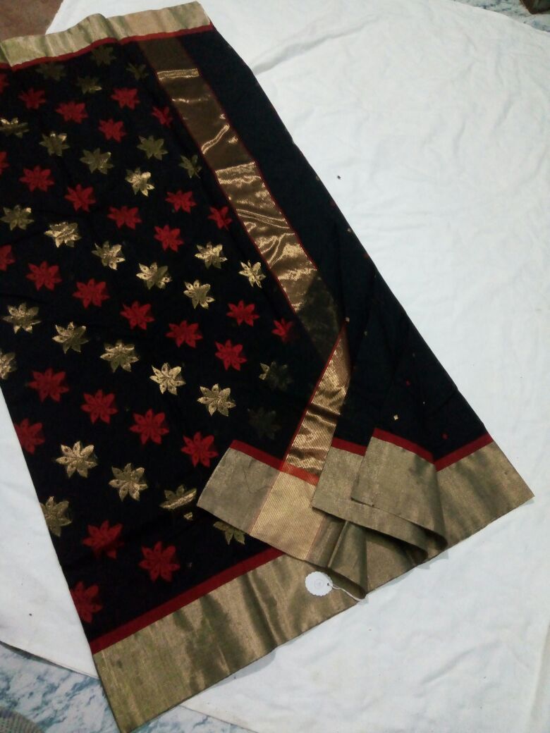 Black with Golden and Red Floral Chanderi Silk Saree-CHANSRE-035