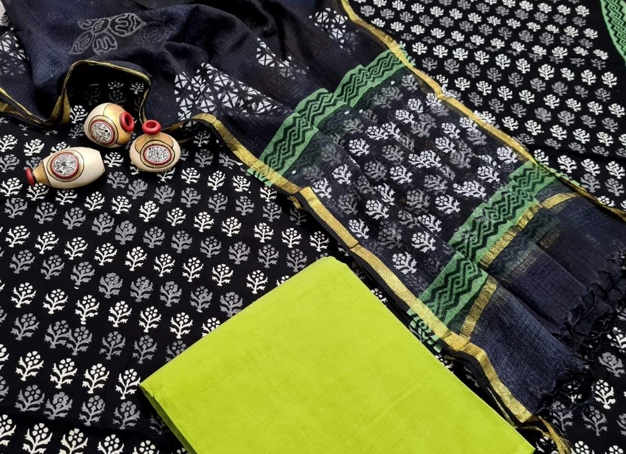 Black with Lime Green Handblock Unstitched Printed Cotton Suit