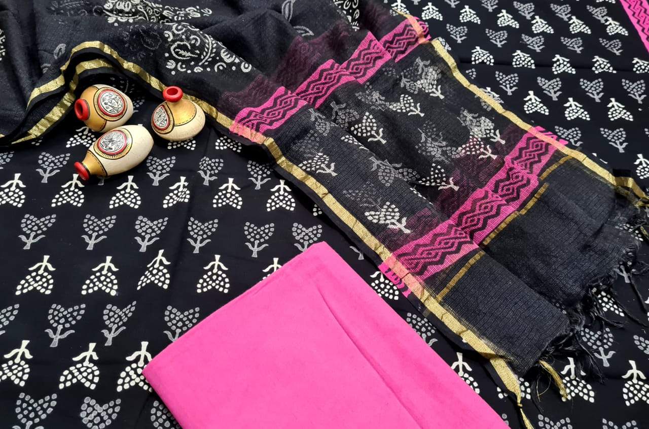 Black with Party Pink Handblock Unstitched Printed Cotton Suit