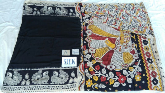 Black with  Patil Pallu Silk Kalamkari Saree-KALAMKARI-0005