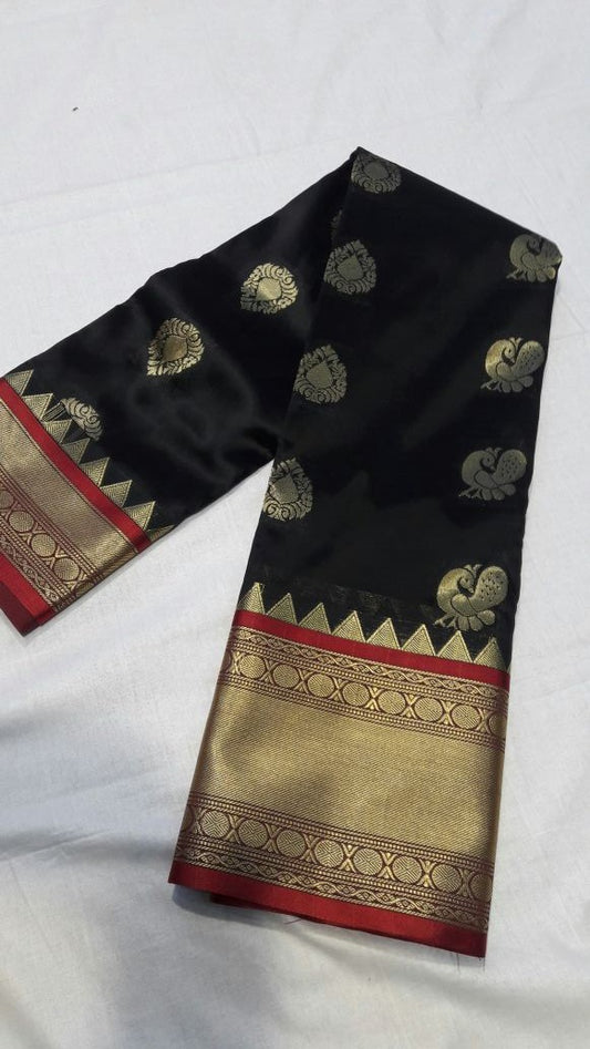 Black with Peacock Designed Red Border Paithani Saree