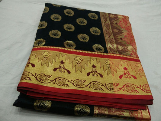 Black with Peacock Designed on Golden Zari Border Paithani Saree-PAITHANI-118