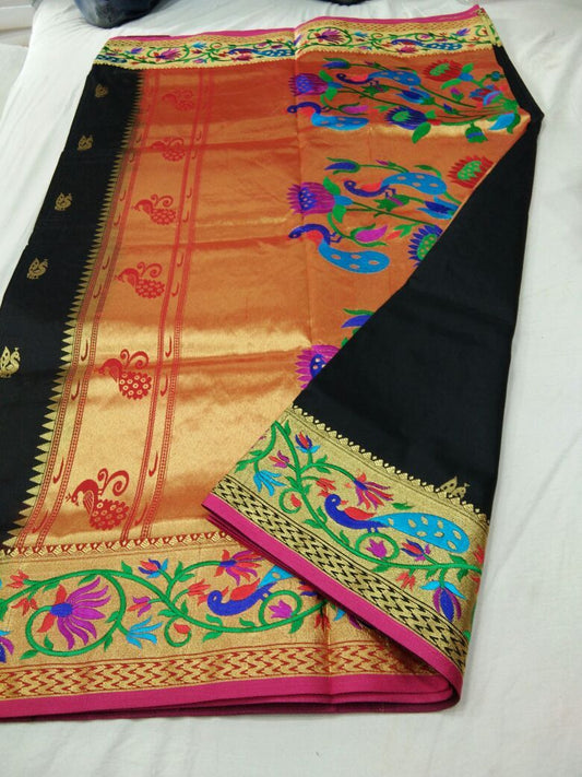 Black with Pink Border Peacock Designed Pallu Paithani Saree-PAITHANI-075