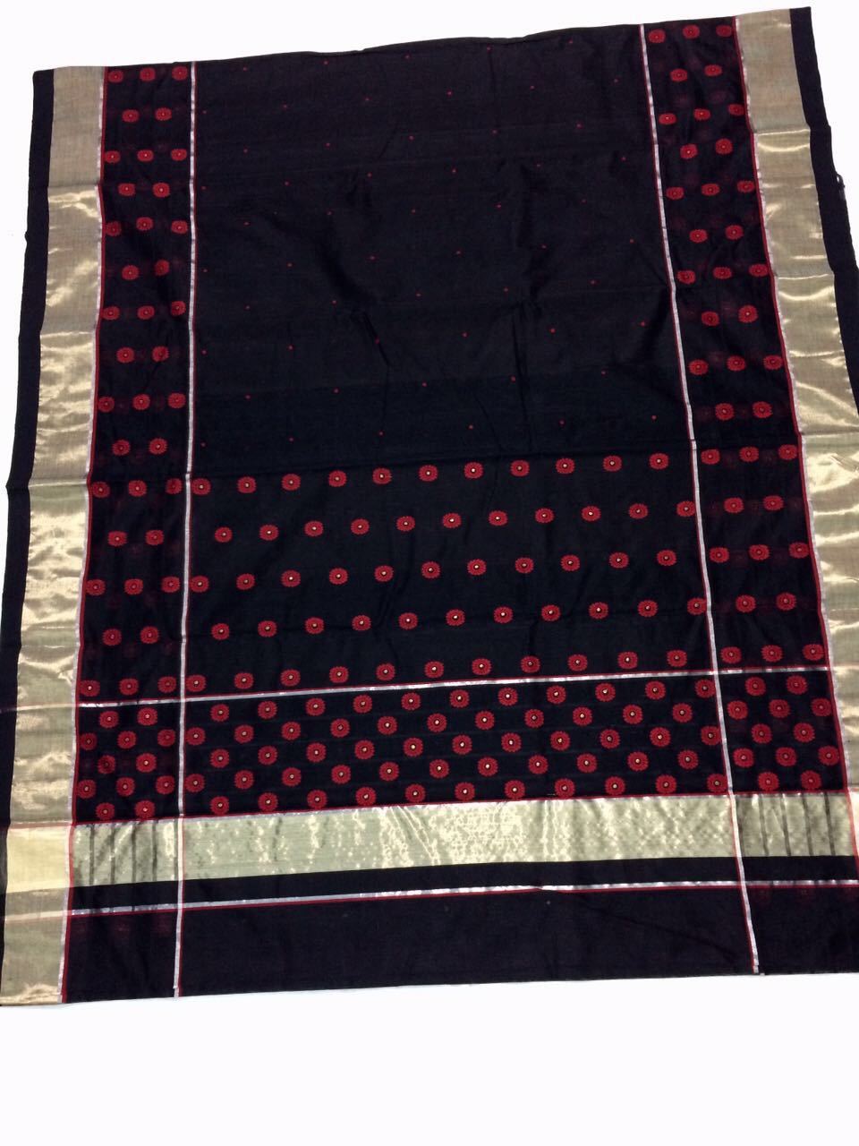Black with Red Dotted Silver Border Chanderi Silk Saree-CHANSRE-029