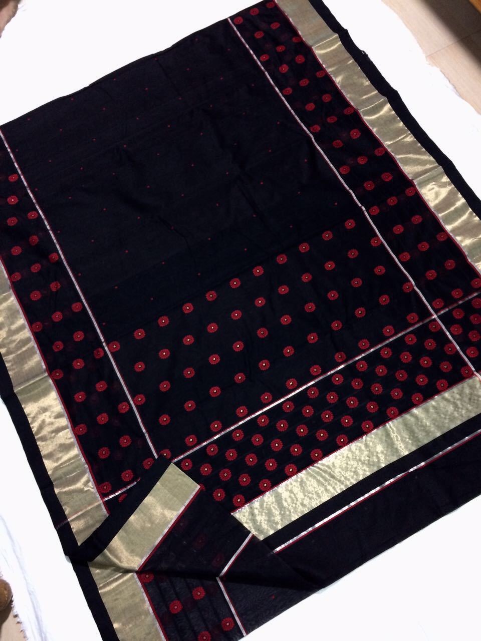 Black with Red Dotted Silver Border Chanderi Silk Saree