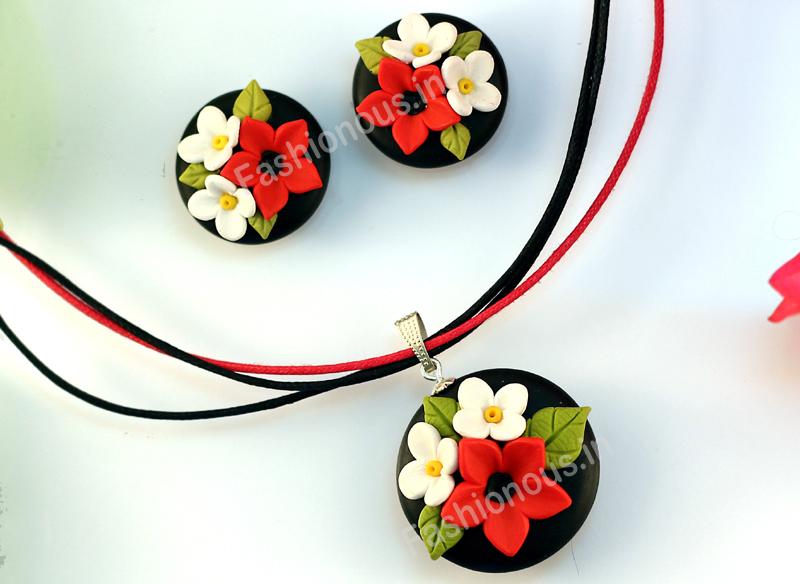 Black with Red and White Floral Necklace and  Earrings-ZAPCNS-033