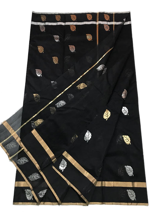 Black with Silver and Golden Leaf Designed Chanderi Silk Saree-CHANSRE-015