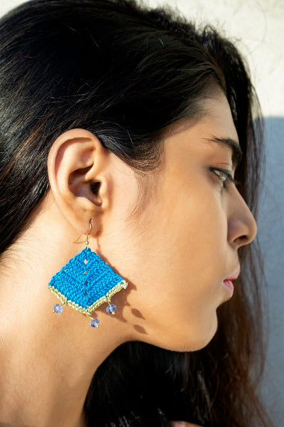 Blue & Yellow Crochet Earrings with hanging beads
