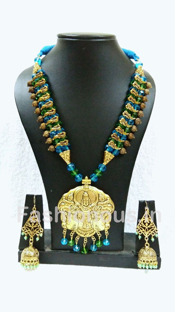 Blue And Green  Crystal With Golden Oxidized KRISHANA Pendant And Earrings-OXDJSW-017