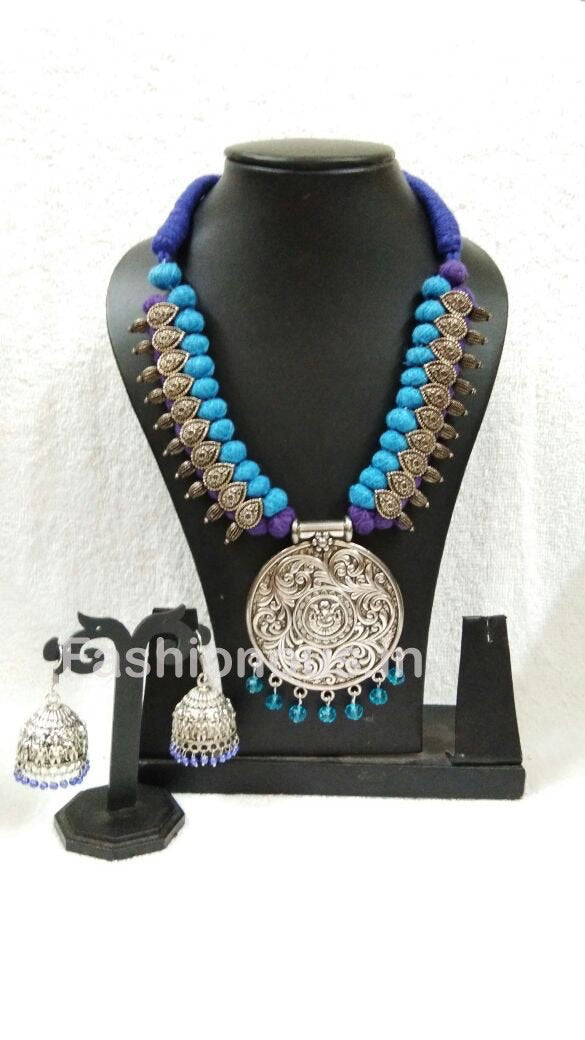 Blue And Purple Silk Thread Beads With Silver Oxidized Pendant And Earrings-OXDJSW-018