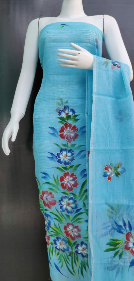 Blue Brush Printed Kota Dress Material