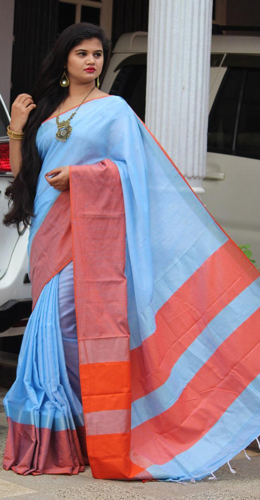Sky Blue Linen Saree (Blend)-LN304