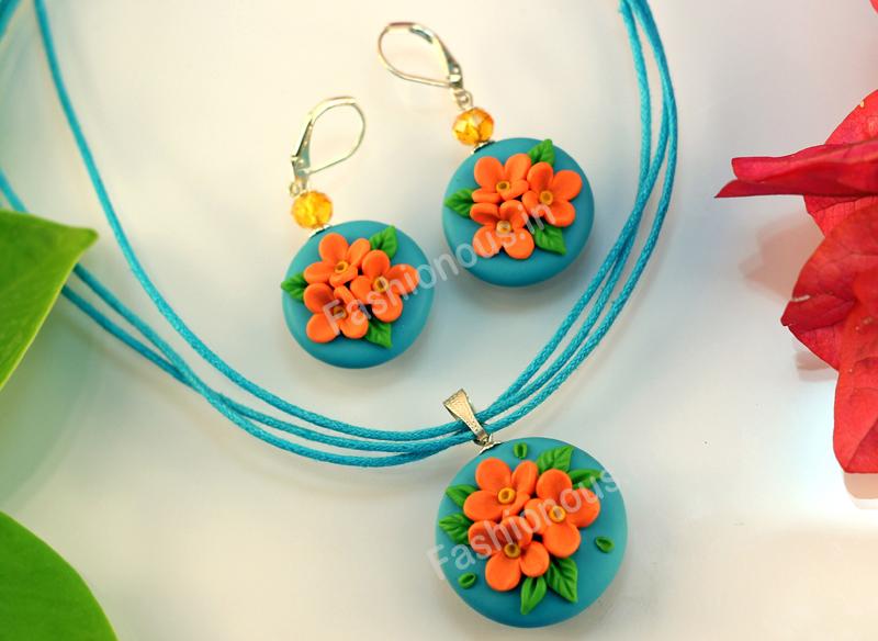 Blue Orange Floral Necklace and  Earrings-ZAPCNS-035