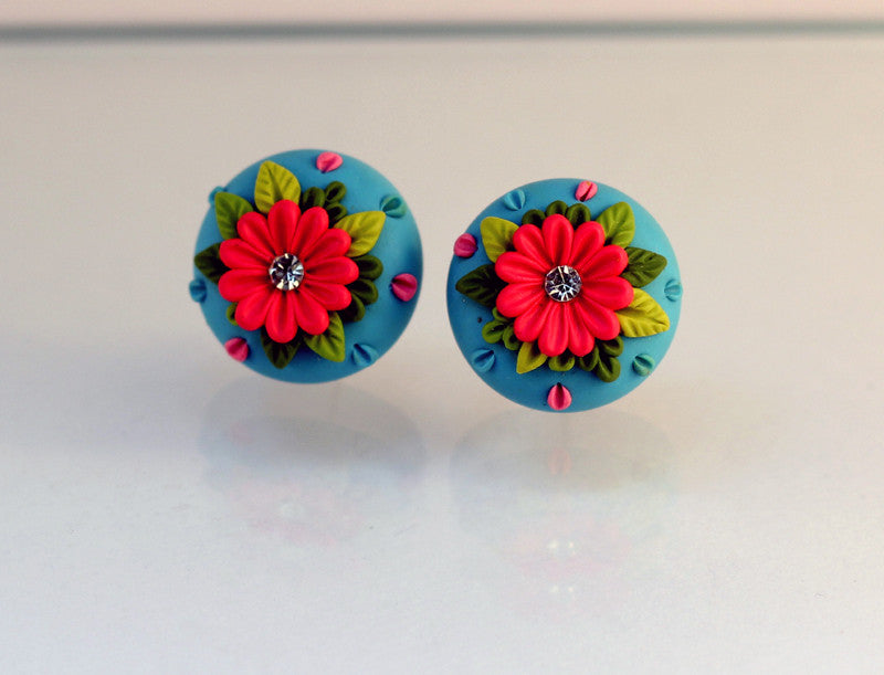 Blue Red Floral Embroidery Polymer Clay Stud