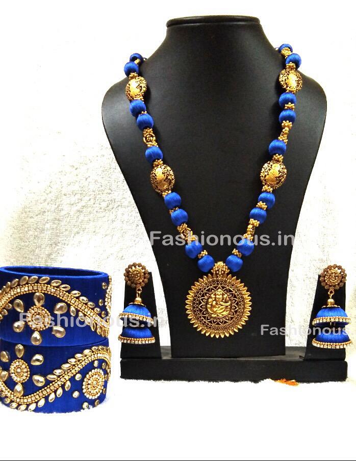 Blue Silk Balls With Ganesh Antique Pendant Silk Thread Jewellery Set-STJSW-006