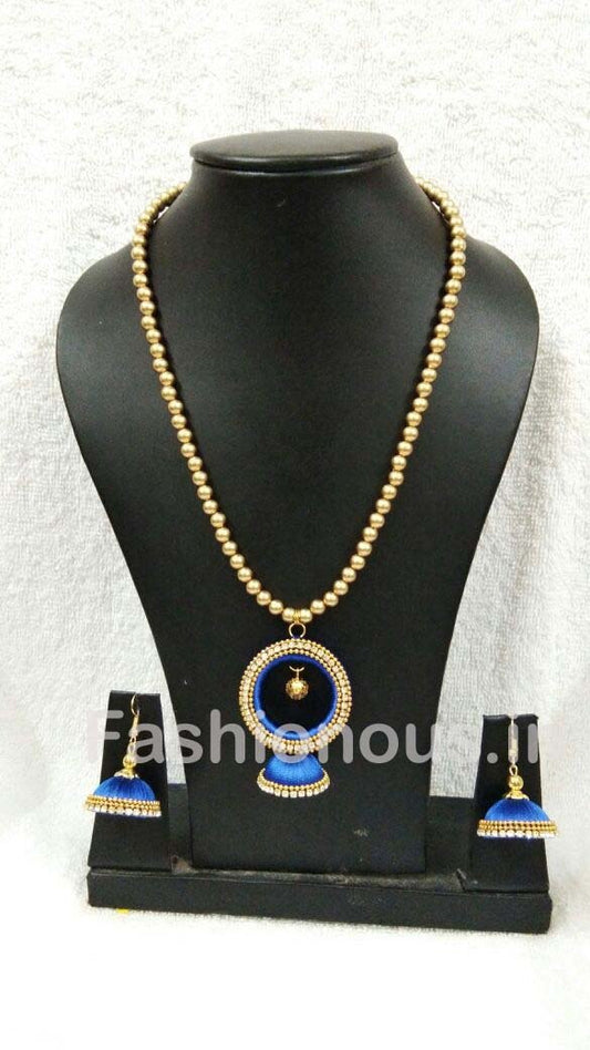 Blue Stone Worked Chandbali Pendant Silk Thread Jewellery Set-STJSW-092