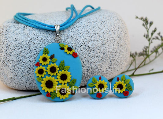 Blue Sunflower Embroidery Necklace and Earrings-ZAPCNS-008