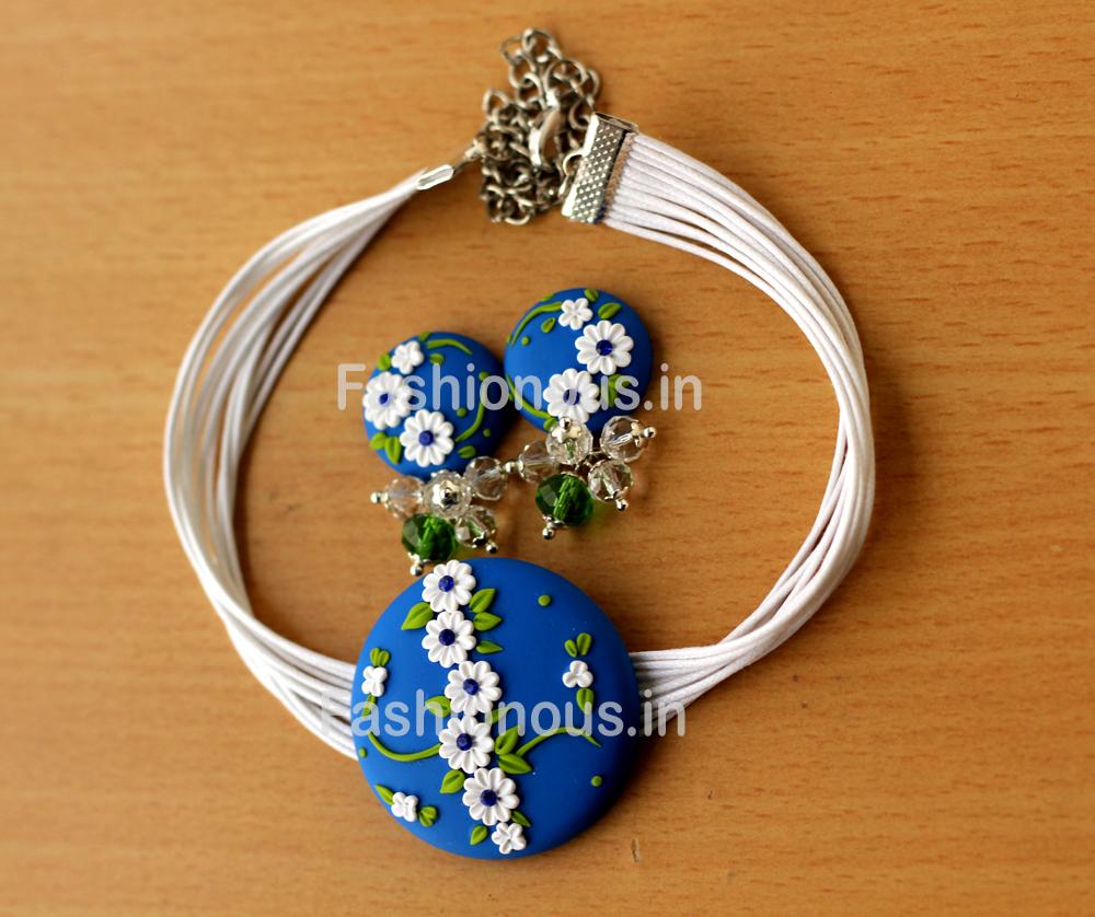 Blue White Floral Choker and Earrings-ZAPCNS-043