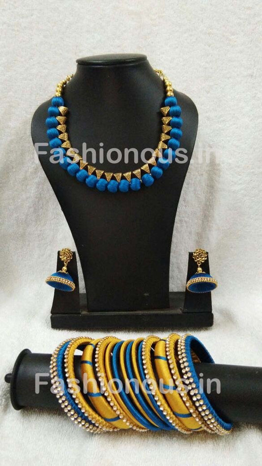 Blue and Golden Silk Thread Jewellery Set-STJSW-096