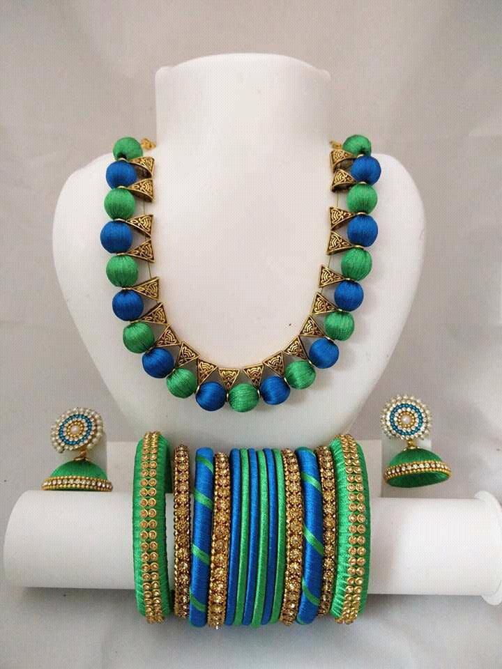 Blue and Green Color Silk Thread Jewellery Set