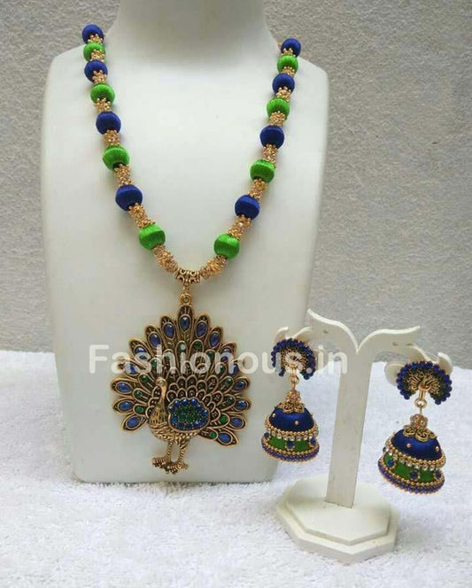 Blue and Green Silk Balls with Peacock Pendant Silk Thread Jewellery Set-STJS-034