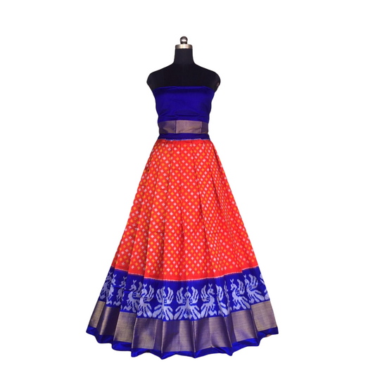 Blue and Orange Ikkat Pure Slik Lehenga